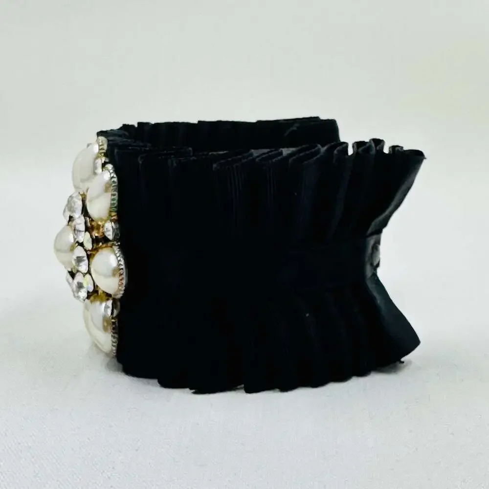 Black Pleated Ribbon Cuff Bracelet Cream Faux Pearl Rhinestone Costume Jewelry